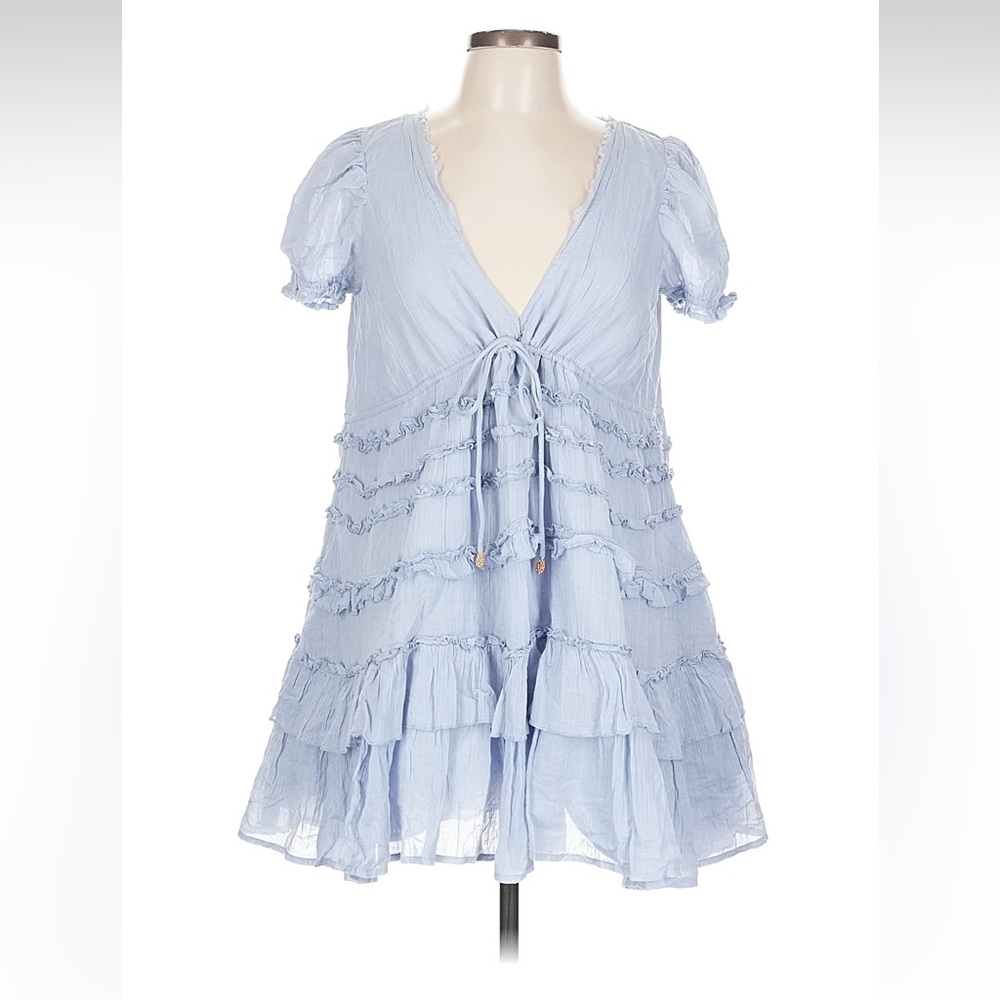 NOT AVAILABLE Free People Light Baby Blue v-neck ruffle bow tiered tunic dress
